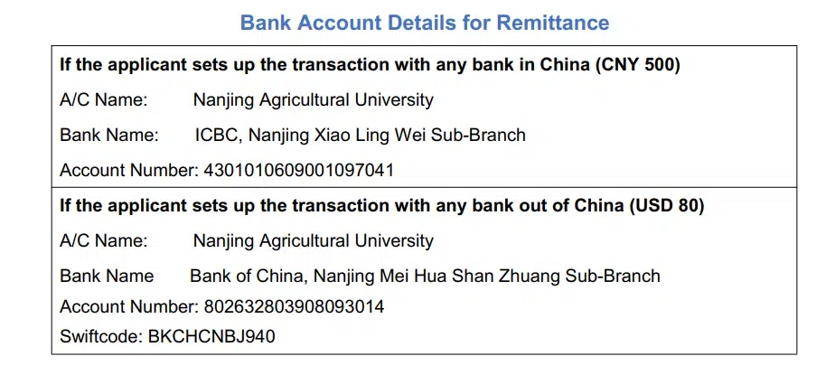 Nanjing Agriculture university application fee